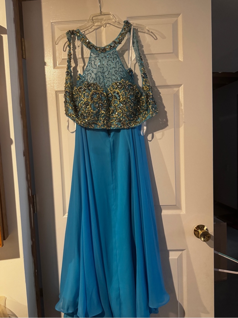 Studio Turquoise Blue Prom Dress with Gold Embellished Bodice